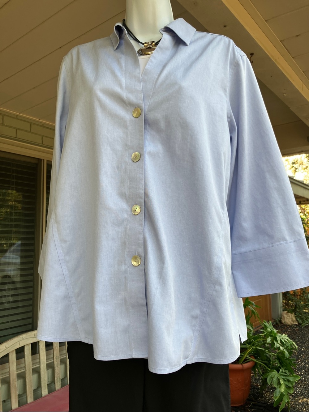 Foxcroft Light Blue and Light Green Women’s Long-Sleeve Blouse